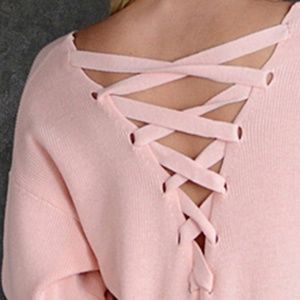 Simply Couture Sweaters - 🎉HP🎉 Pink Lace-Up Back V-Neck Sweater XL Simply Couture Sweaters - 🎉HP🎉 Pink Lace-Up Back V-Neck Sweater XL